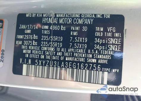 2014 Hyundai Santa Fe Sport 2.0L Turbo from USA, damaged, VIN 5XYZU3LA3EG162756